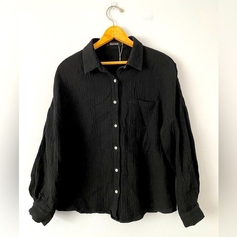 Automet Size Small Black Gauze Button Front Shirt 100% Rayon Loungewear